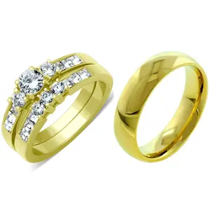Lanyjewelry Unisex 3-Piece Wedding Ring Set, Gold IP Stainless Steel with Small Round Cut CZ and Men's Band for Unisex Wear, Three Rings