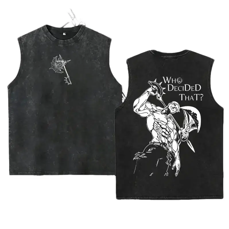 Washable vest Seven Deadly Sins Escanor Oversized Tee - "Who Decided That" Pride Sin Retro Graphic Heavy Cotton Unisex Anime Streetwear Gift For Fans Neck Soft Cotton Streetwear Clothes,  (Unisex)
