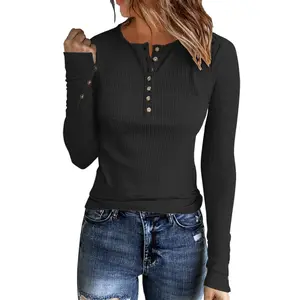 KINLONSAIR Women's Long Sleeve Henley T Shirts Slim Fit Crew Neck Lightweight Ribbed Knit Tops with Front Button Design & Adjustable Placket for Spring Fall Winter Basic Wear