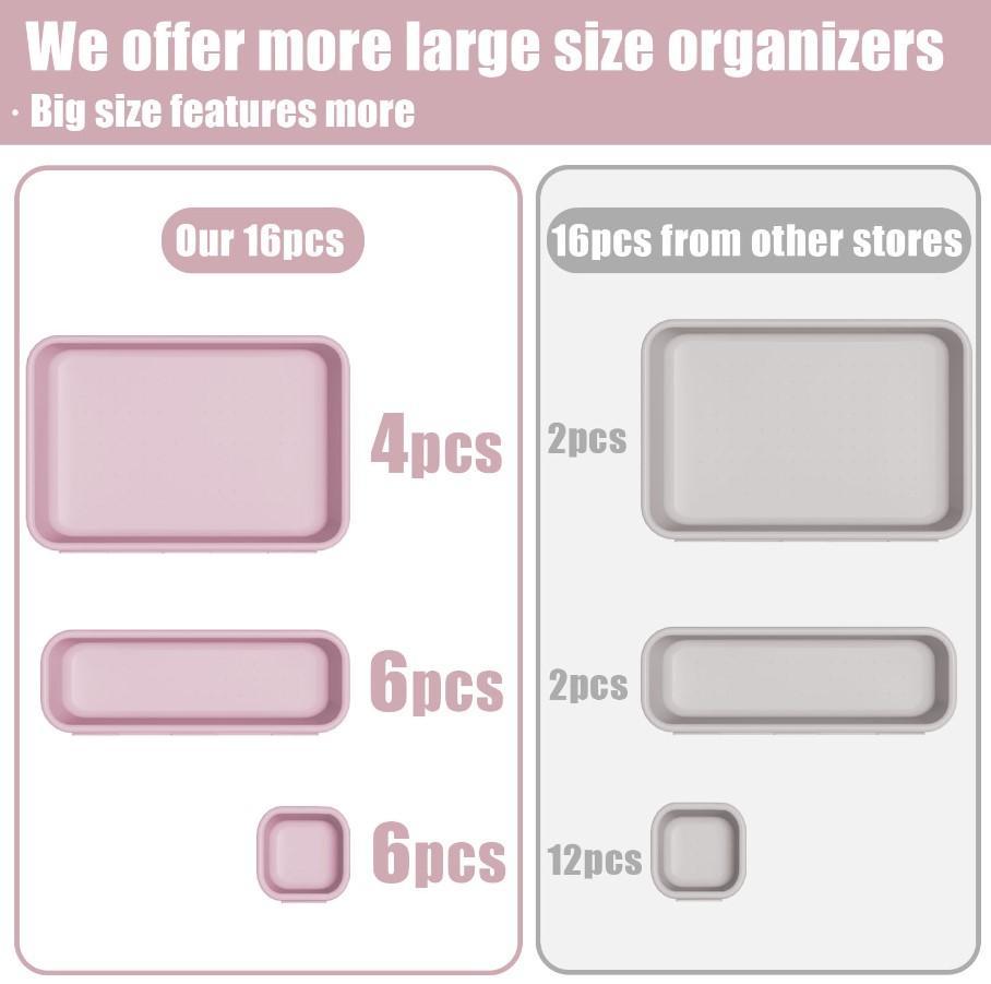 16 Pcs Green & Purple Drawer Organizer Set 3-Size Plastic Storage Trays Versatile Drawer Dividers for Makeup Jewelry Utensils Kitchen Bathroom Office Desk