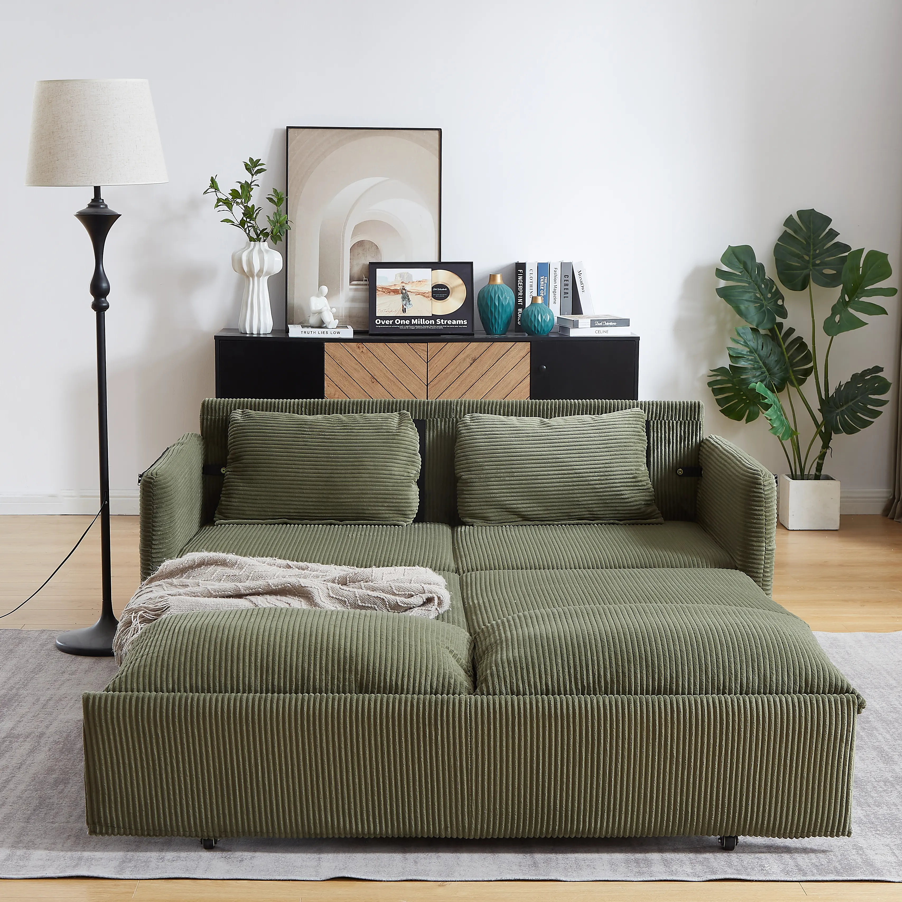 Bellemave Modern 3-in-1 Pull-Out Sleeper Sofa Bed - 2-Seat 64.5-in Corduroy Upholstered Living Room Couch, Converts into Recliner, Durable Extendable Adjustable, Classic Glam, 2 Pillows, Side Pockets, Easy to Assemble