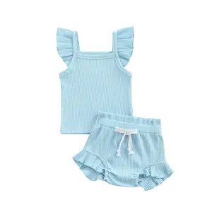 Toddler Baby Girl Casual 3Pcs Fly Sleeve Solid Color Romper Tops and Elastic Waist Drawstring Ruffle Hem Shorts + Headband Outfits