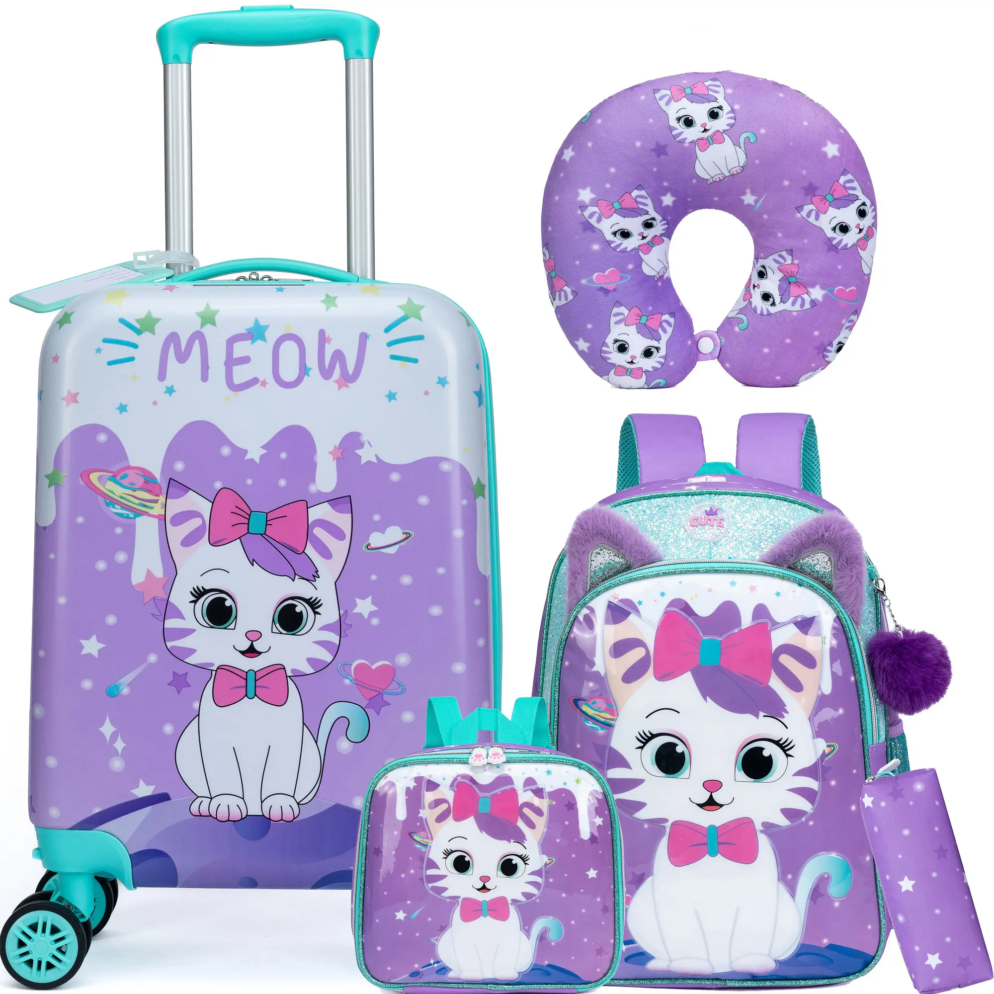 Cute Cat Kid’s Luggage Set 5 Piece Suitcase Set 16’’ Hardside Luggage with Spinner Wheels Girls Boys Carry on Toddler Luggage Travel Rolling Luggage Carry on Luggage Airline Approved Kitty Daypack Backpack Set Cute Versatile Backpack