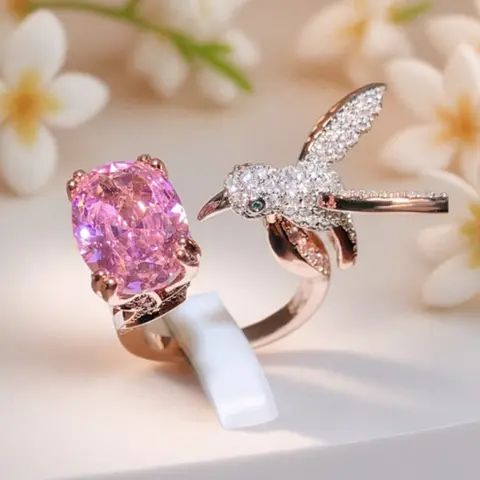 Women's Cute Pink Animal Crystal-Accented Cubic Zircon Hummingbird Open Ring - Customized Costume Jewelry, Ring Stack Accessory, Couple Gift for Daily Chic, Fits Different Finger Sizes