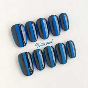 Blue Flame Stripe Handmade Press-On Nails | Short Oval Shape, 10pcs Handmade | Black Blue Color Block + Vertical Stripe Design | High Gloss Finish | Reusable DIY Nail Kit for Edgy Daily/OOTD | Trendy Y2K Edgy Aesthetic Look