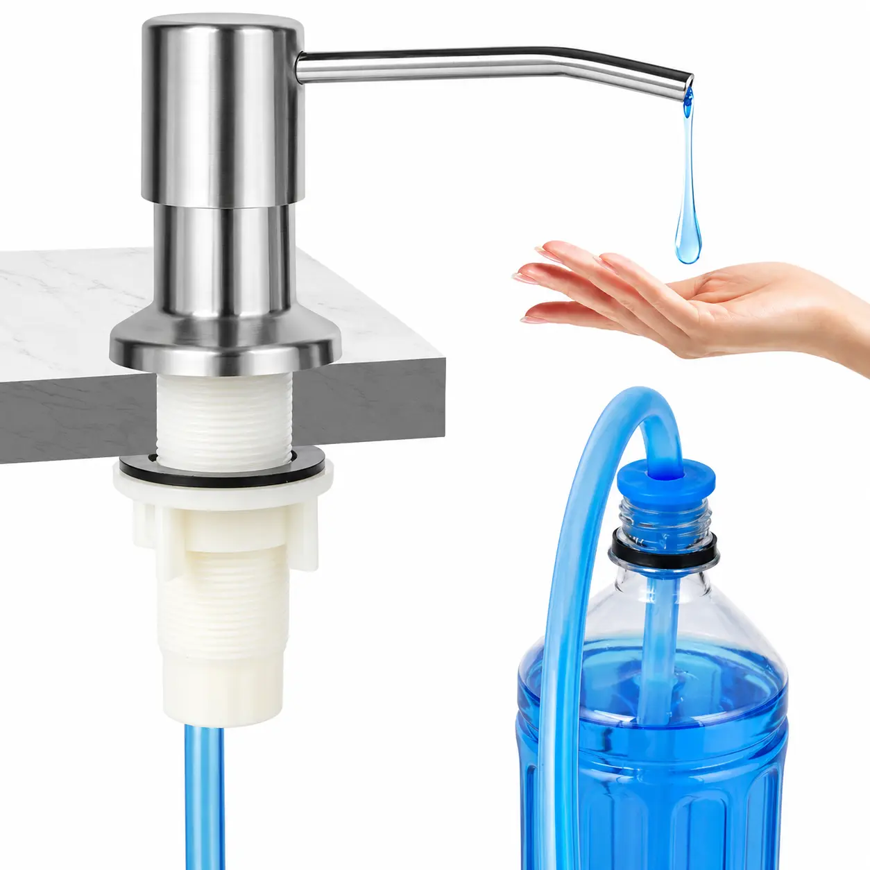 Brushed Nickel Rust-Proof Stainless Steel Sink Countertop Soap Dispenser Pump, Height-Adjustable Leak-Proof Press Pump for Kitchen Dish Soap, 47in Extension Hose Assembly Included
