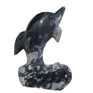 Drusy Moss Agate Dolphin Sculpture - Handcrafted Gemstone Figurine for Home Decor and Collectibles