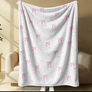Pink Bow Ribbon Polka Dot Throw Blanket, Decorative Giftable Blankets, Coquette Soft Flannel Fleece Blanket, Cozy Plush Lightweight Blanket for Teen Girls Bedroom Living Room Home Decor, Gift for Teen Girls & Coquette Aesthetic Fans