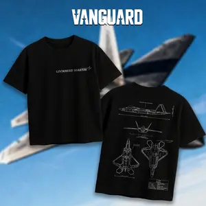 VANGUARD F22 Raptor Blueprint Double Sides Heavy Cotton T-Shirt Vintage Lockheed Martin Graphic Tee Military Enthusiast Streetwear Clothing Gift for Men Breathable Printing