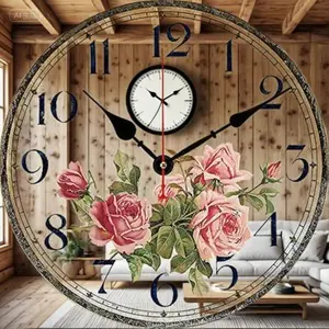 Silent Round Wall Clock with Pink Rose Floral Pattern - 8 Inch Battery Operated Quartz Movement - Vintage Home Decor for Bedroom & Living Room - Non-Ticking Decorative Flower Clock - Easy to Read & Install Gift Decoration