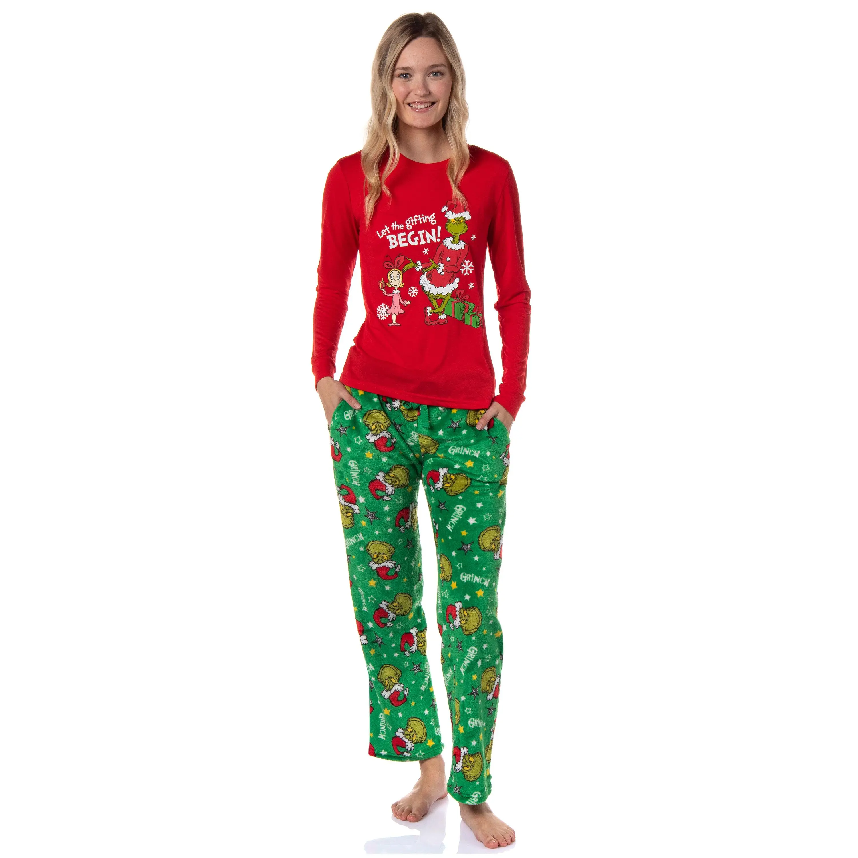Dr. Seuss' The Grinch Pajama Set, Juniors' Plush Long Sleeve Holiday Style 2-Piece Nightwear, Top, Loungewear, Love, Heart, Slip