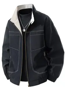 Men's Plus Size Long Sleeve Lightweight Plain Fabric All-Seasons Basic Zip-Up Contrast Collar Casual Jacket, Zipper-Closure Menswear Outerwear Top