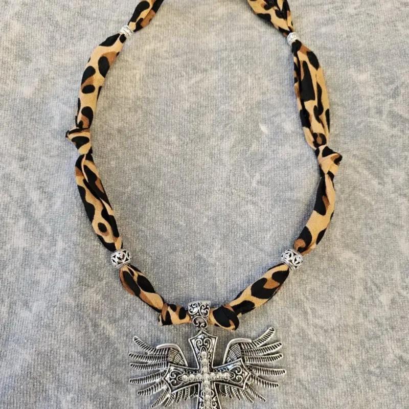 Cheetah Scarf Necklace with Eagle Pendant - Animal Print Fashion Accessory