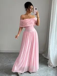Fashion Elegant One Shoulder Floral Decorated Waist Cinched Long Dress, Fitted Plain Style for Fall & Winter, Women's Clothing