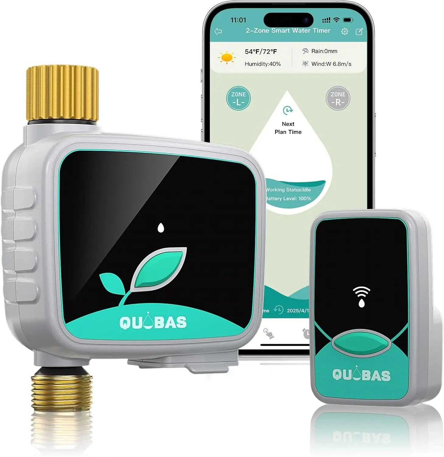 QUOBAS Smart WiFi Water Timer for Garden Hose - 1 Zone Brass Automated Sprinkler Watering Equipment with App Control, Rain Delay, Auto & Manual Modes, Battery Powered Water Saving Watering Equipment for Drip Irrigation, Lawn
