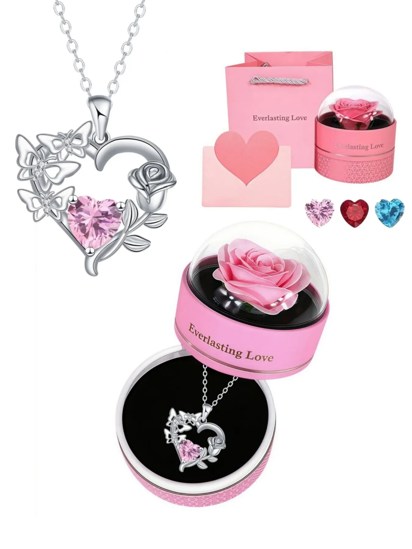 Rose Butterfly Weave Heart, Pink Flame Original luxury heart & butterfly gem necklace, Heart Design Necklace, Paired with a preserved rose gift box, Exquisite Jewelry Gift, gift for birthdays, Mother’s Day, Valentine’s Day and best friends