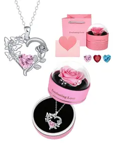 Rose Butterfly Weave Heart, Pink Flame Original luxury heart & butterfly gem necklace, Heart Design Necklace, Paired with a preserved rose gift box, gift for birthdays, Mother’s Day, Valentine’s Day and best friends
