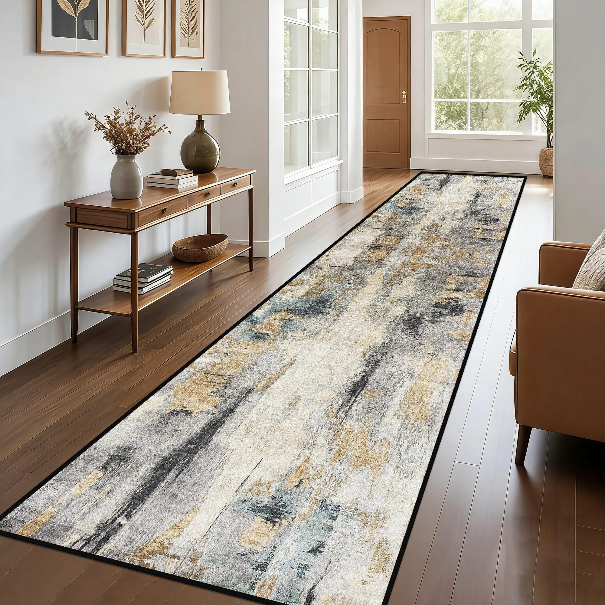 Modern Abstract Runner Rug 2'x10' (60x300cm) - Soft High-Density Suede Hallway Runner, Non-Slip Distressed Gold & Grey Kitchen Floor Mat, Durable Entryway Carpet Runner for Bedroom, Laundry Room