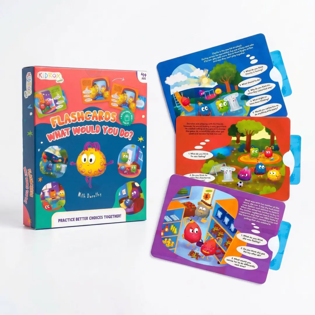 Kidrox Squad Educational “What Would You Do?” Pull-Tab Cards for Kids Ages 4+, Social Emotional Learning Game with 20 Scenario Cards, Practice Empathy & Decision-Making