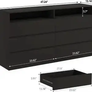 Vipbear - 6-Drawer Double Dresser with Power Outlet & LED Lights, Wide Storage Chest with Open Shelving - Black