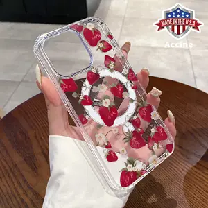 Clear Phone Case for iPhone 16 15 14 Pro Max 13 12 11 XR XS Plus E Wild Strawberry Daisy Pattern Hard Acrylic Back Soft Silicone Edge Drop-Proof Lightweight Cell Phone Cover