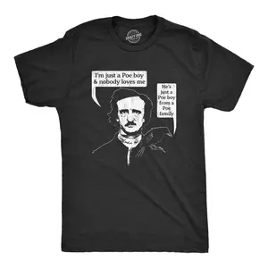 Mens Poe Boy T Shirt Funny Edgar Allan Poe Author Literature Rock Lyrics Queen Tee Mens Funny T Shirts Cool Vintage Fashion T-Shirt Gift Classic Menswear Music Apparel for Men Funny Nerd Short Sleeve Novelty Black