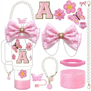 12pcs Tumbler Cup Silicone Accessories Set, Stickers, Pearl Hand Strap, Initial Letter Charm, Butterfly Design, Gift for Holidays