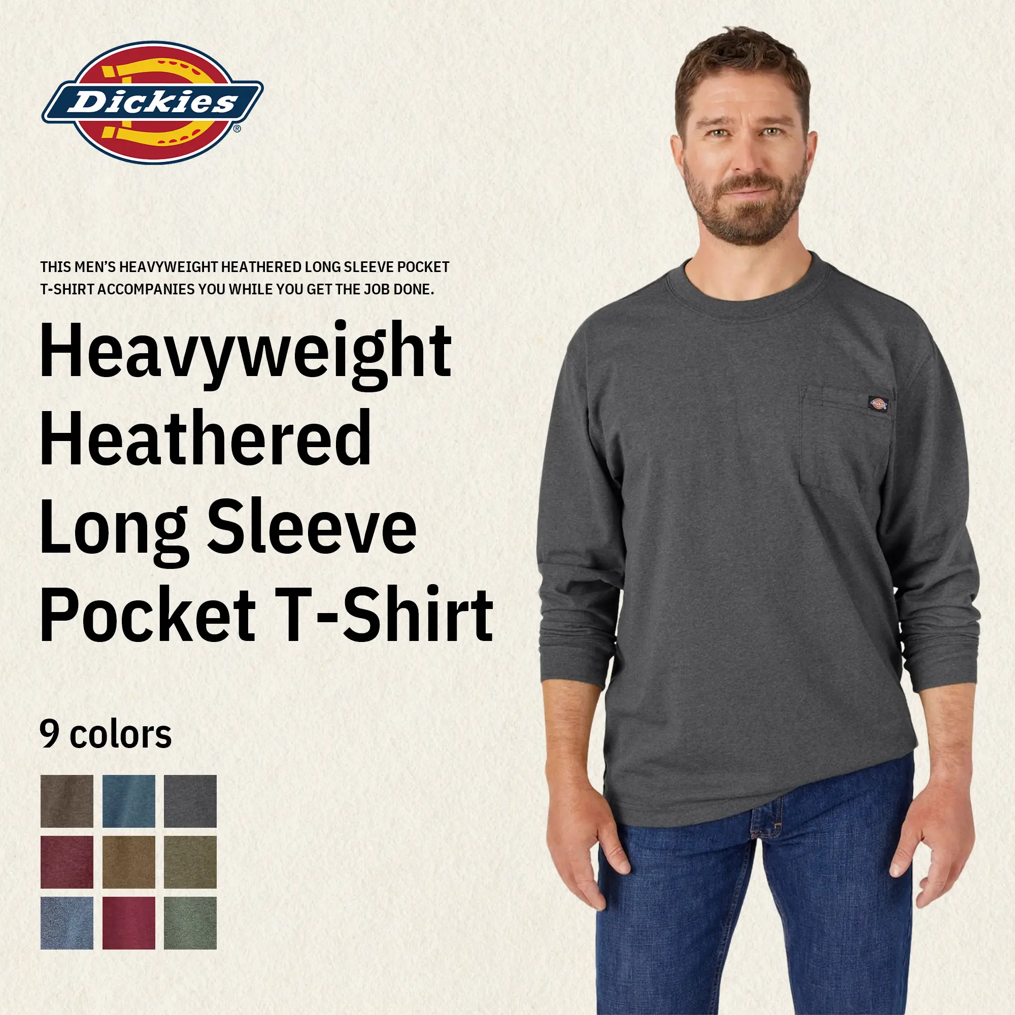Dickies | Heavyweight Heathered Long Sleeve Pocket T-Shirt,Long Tail, Chest Pocket, Tagless Label, Reinforced Seams, Workwear Style