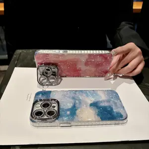 Starry Gradient Phone Case, Ink Blotting Design, Lens Can Be Used as Stand, Fits iPhone 13 14 15 16 17 Pro Max