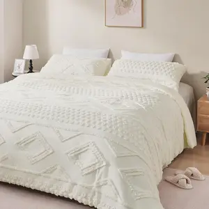 Boho Queen Comforter Set Beige with Sheets, 3 Pieces Tufted Queen Comforter Sets Boho Bedding Cream Soft Warm Comforter Sets for All