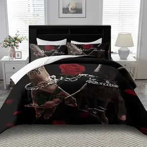 Bohemian Cartoon Bedding Set, Halloween Bedroom Decor, Gothic Christmas Theme, Heart Chain Hand Rose Tattoo Design, 1 Fitted Sheet + 2 Pillowcases