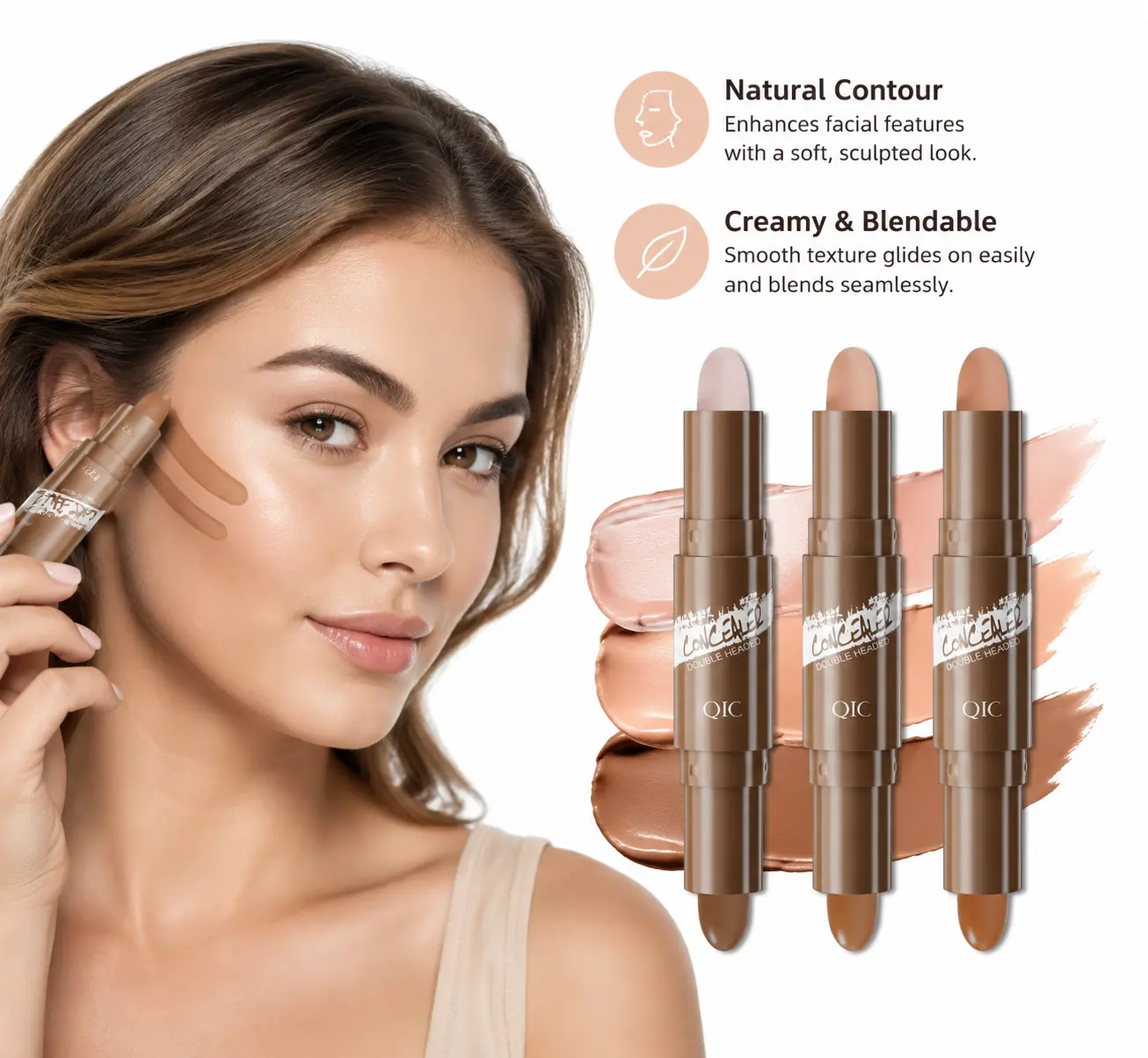 2-in-1 Dual-Ended Cream Contour & Highlighter Stick, Blendable Concealer Stick for 3D Sculpted V Face & Nose Contour Makeup