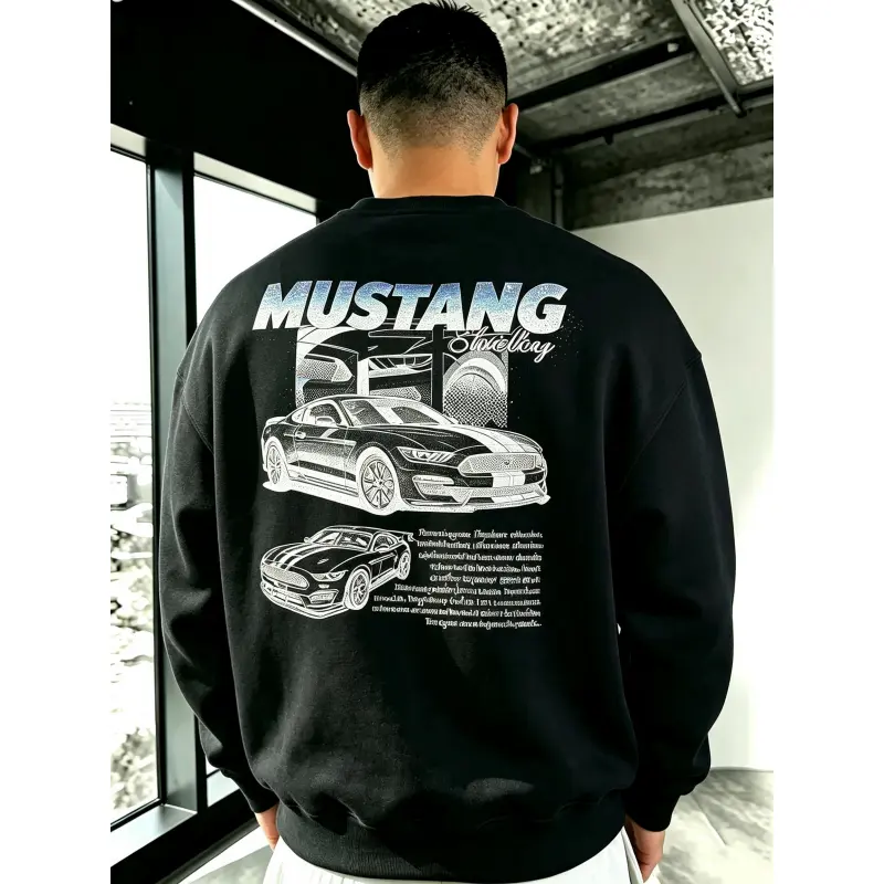 Oversized men’s retro Mustang muscle car graphic crewneck sweatshirt, vintage racing car back print long-sleeve pullover, fashionable loose-fit street sweatshirt, popular casual gift for car lovers when going back to school Black Breathable