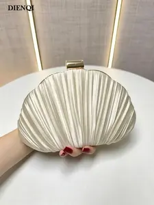 Shell-Shaped Pleated Satin Clutch, Ivory Hardcase Evening Bag with Trim, Stylish Purse for Formal Events & Bridal Parties