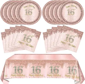 16th Birthday Decorations for Girls Rose Gold Sweet 16 Birthday Party Decoration for Her 16th Happy Birthday Plates and Napkins Tablecloth Decoration for Girls