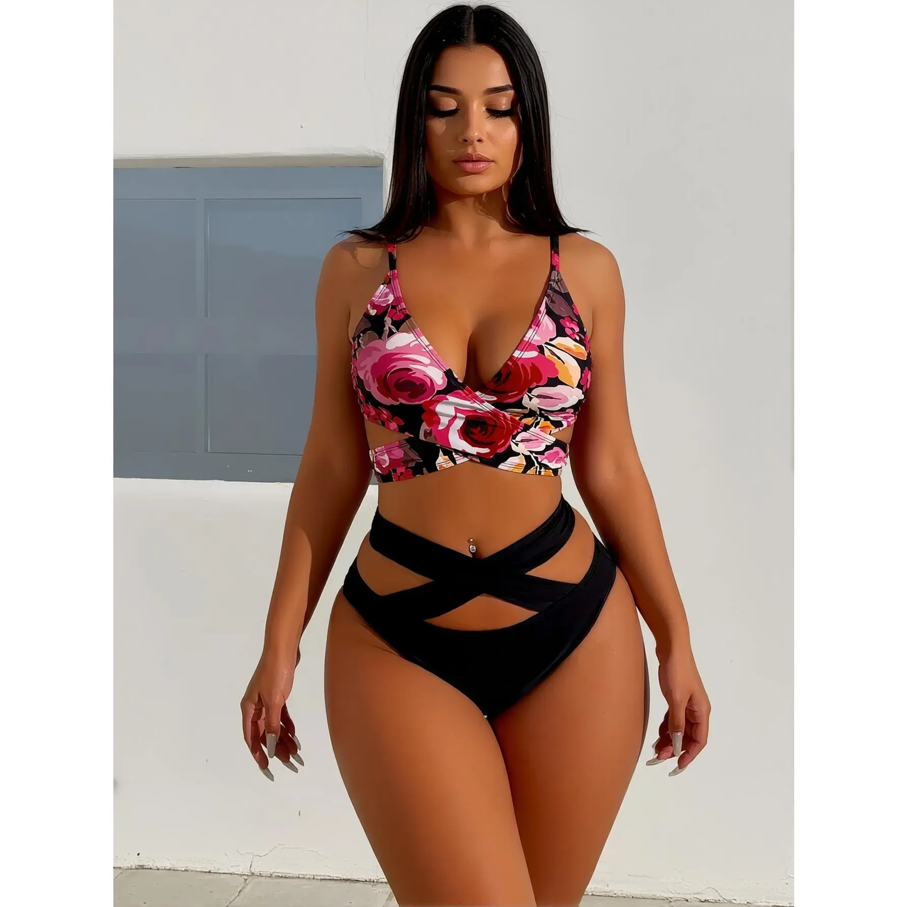 2026 Women'S Floral Cross Stylish Bikini Two-Piece Outfit for Beach, Pool, And Parties