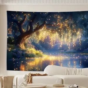 Enchanting 3D Forest Stream Backdrop Tapestry with Glowing Tree & Reflective Water Design Soft Peach Skin Fabric for Living Room Bedroom Office Party Decor Easy Install Durable Nature
