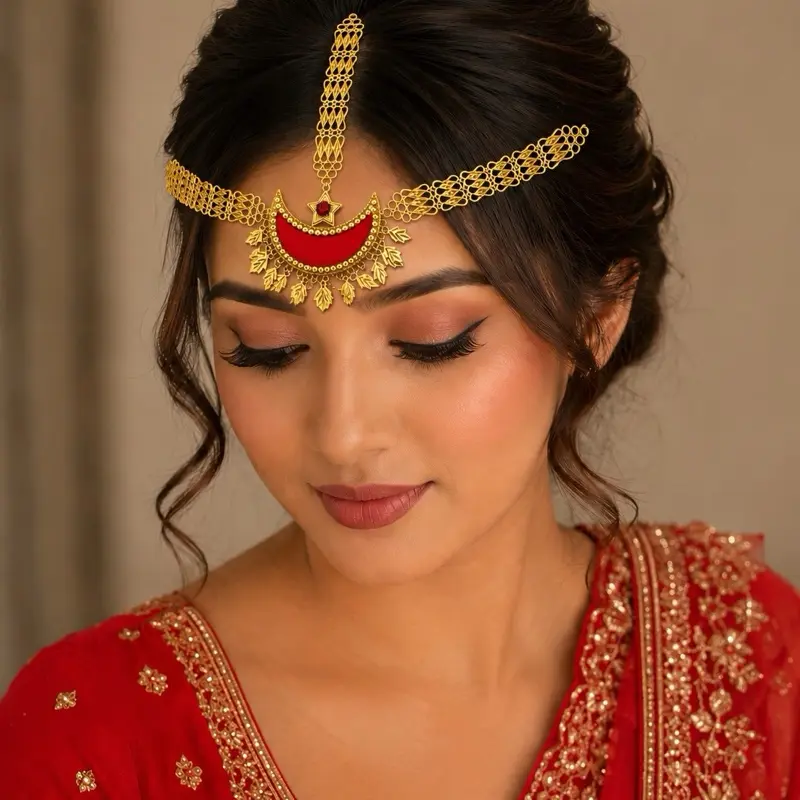 Traditional Nepali Gold-Tone Headpiece with Bright Red Accent