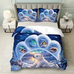 3PCS Duvet Cover Set, 1 Duvet+2 Pillowcases(Without filler), Polar Bear Winter Night Sky Cabin Northern Lights theme, Christmas bedding set, Cozy Winter Wonderland Luxury Suitable for decoration Bedroom Living Room Guest Room Cottage.