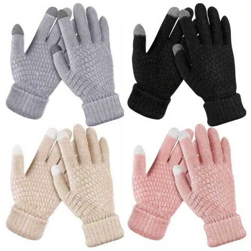 Women's 4-Piece Cold-Proof Fleece Gloves - Hand Warmer, Chic, Elegant, Thick Velvet, Touchscreen-Compatible, Elastic Cuffs, Casual Korean Fashion, Bonus Headwear: Men’s Skull Cap, Unisex Knit Hat, Western Sportive Denim Baseball Hat, Hand Warmer Women's G