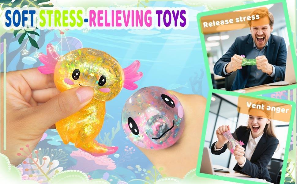 Axolotl Squishy Stress Relief Toy Glitter Fidget Toys Cute Malt Sugar Axolotl Toy Fidget Toys for Kids Youth Adult, Party Favors Anxiety Relief Squishy Toys(Blue)