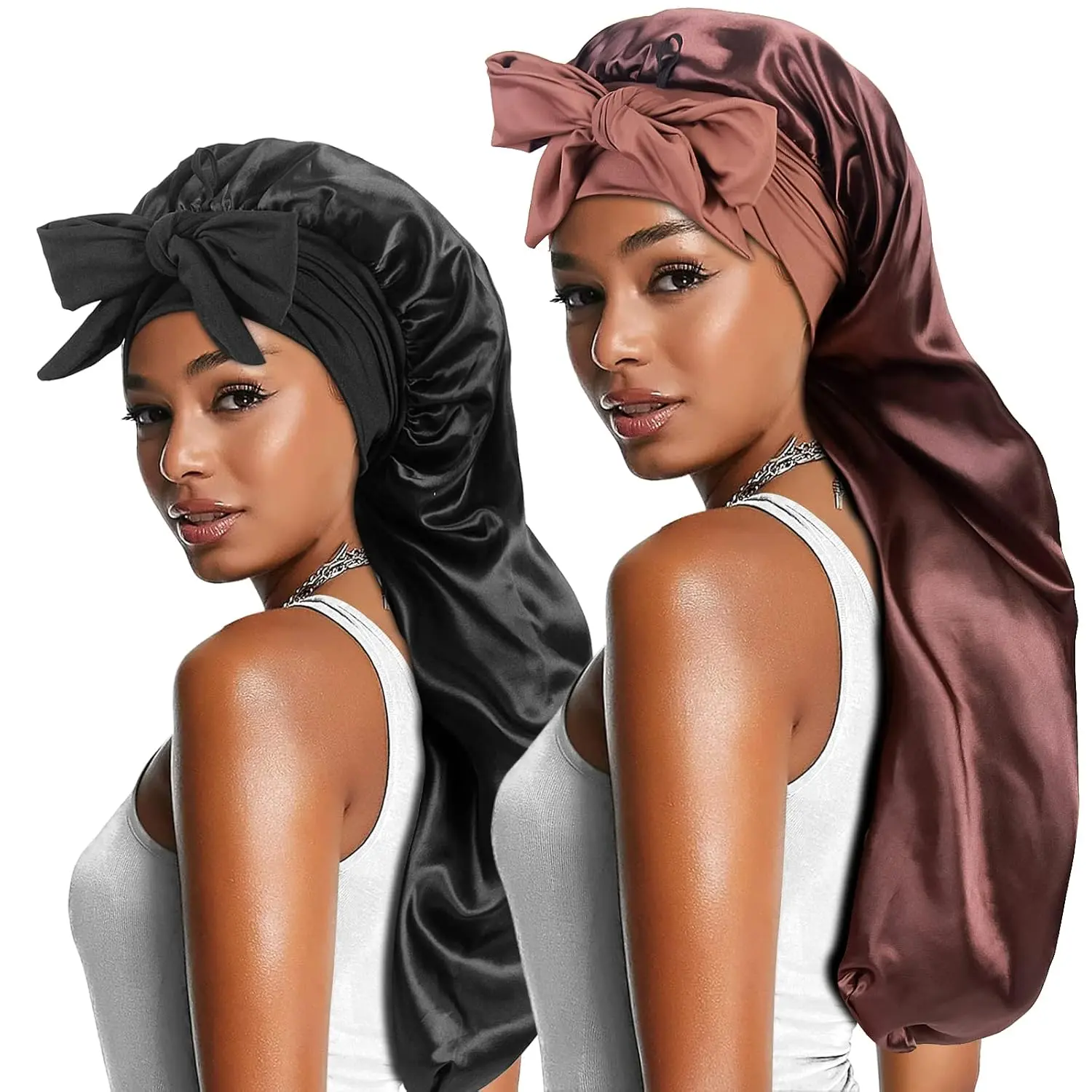 2 count Long Satin Bonnets with Tie Band, Large Braid Bonnet Silky Hair Cap for  Women Sleeping, E