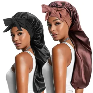2 count Long Satin Bonnets with Tie Band, Large Braid Bonnet Silky Hair Cap for  Women Sleeping, E