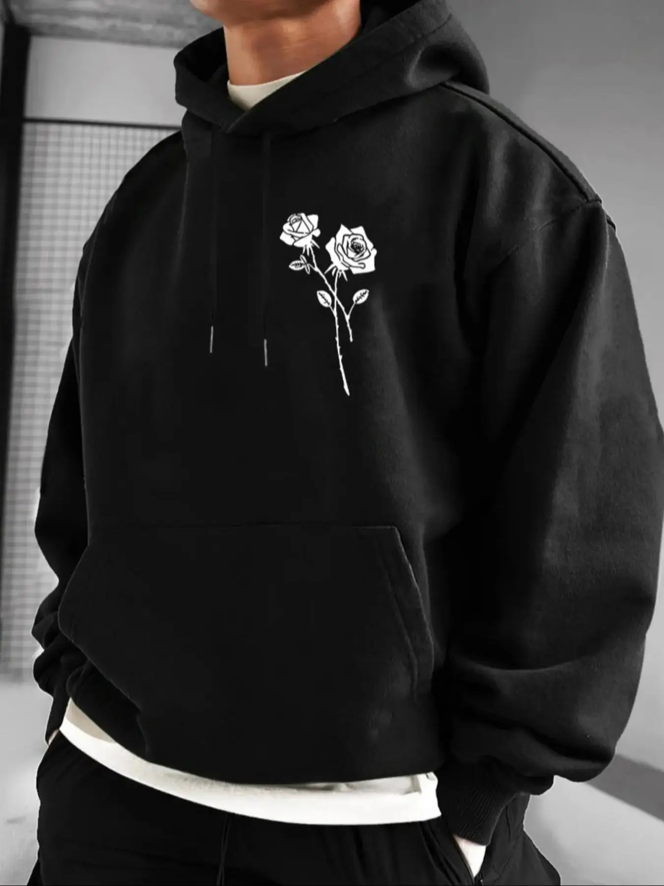 Unisex Men's Floral Print Drawstring Hoodie, Kangaroo Pocket Long Sleeve Sweatshirt, Streetwear, Fall Sweatshirts for Men, Casual Pullover Tops for Fa