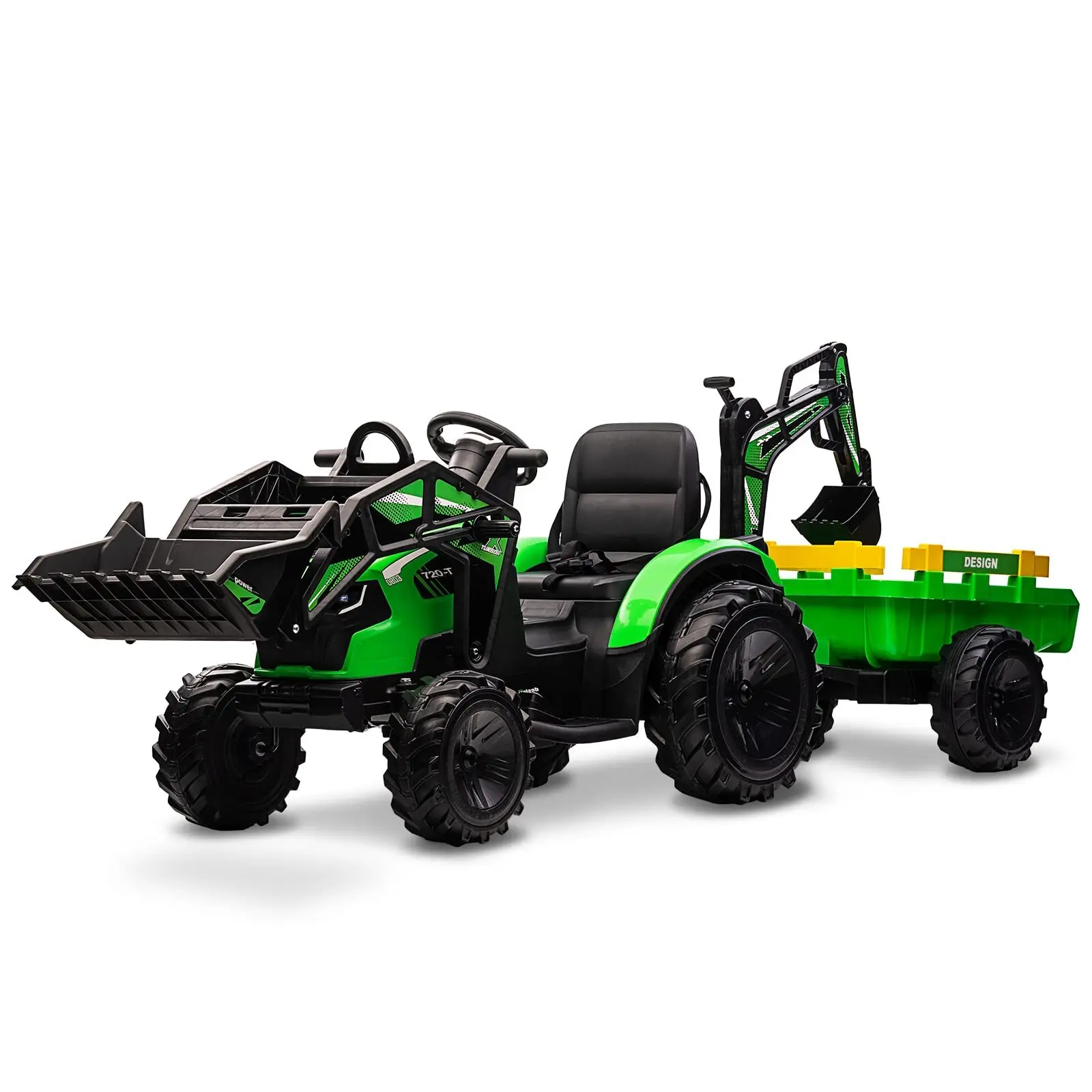 【Christmas Gift】24V 3-in-1 Kids Ride-On Tractor-Excavator-Bulldozer-With Trailer-Remote Control-EVA Tires-LED Lights-Music-USB-Green