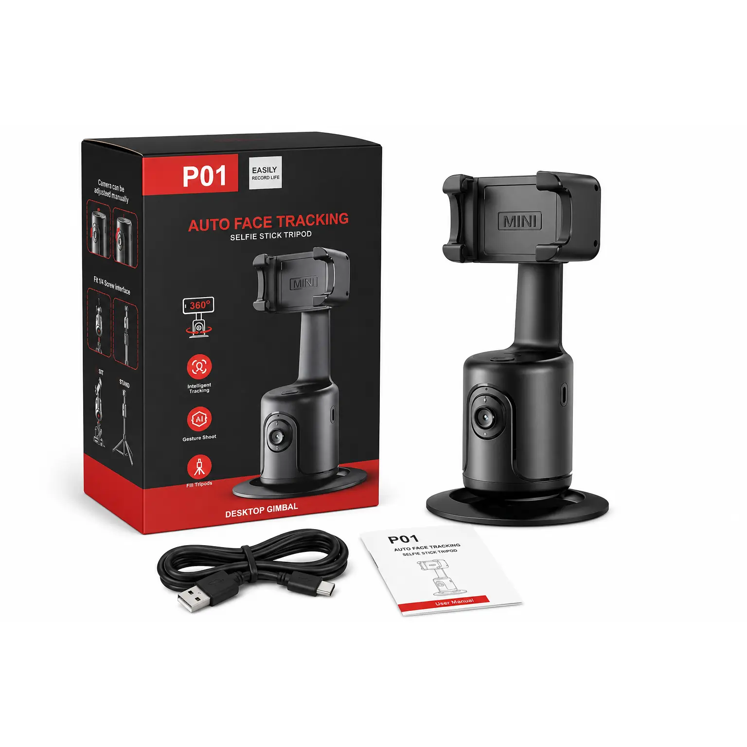 P01 Auto Face Tracking Selfie Stick Tripod - Black, 360° AI Tracking, Gesture Control, Phone Holder