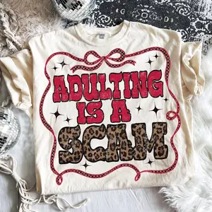 Comfort Colors Adulting Is a Scam Shirt, Adult Humor Trendy Checkered Western Shirt, Trendy Mental Health Humor , Leopard Print