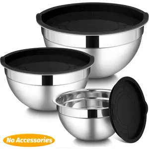 Stainless Steel 3-Piece Nesting Mixing Bowls Set with Lids, Graters, Whisk, Spoons - Stackable Kitchen Baking Tableware Essentials for Mixing, Serving