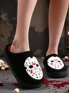 horror mask embroidered soft sole slippers for men women, soft comfortable house shoes for cozy days, perfect gift for halloween, black walking shoes