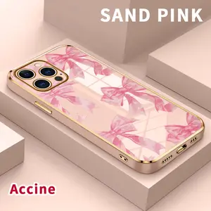 Phone Case for iPhone 15 Pro Max 16 14 Plus 13 12 11 X XS Max XR Romantic Bows Luxury Golden Edge Elecroplated TPU Camera Lens Protection Mobile Phone Cover Gift for Cellphone Protective Casing